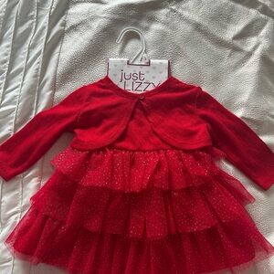 Red Tulle Tiered Dress & Cardigan Set for Kids